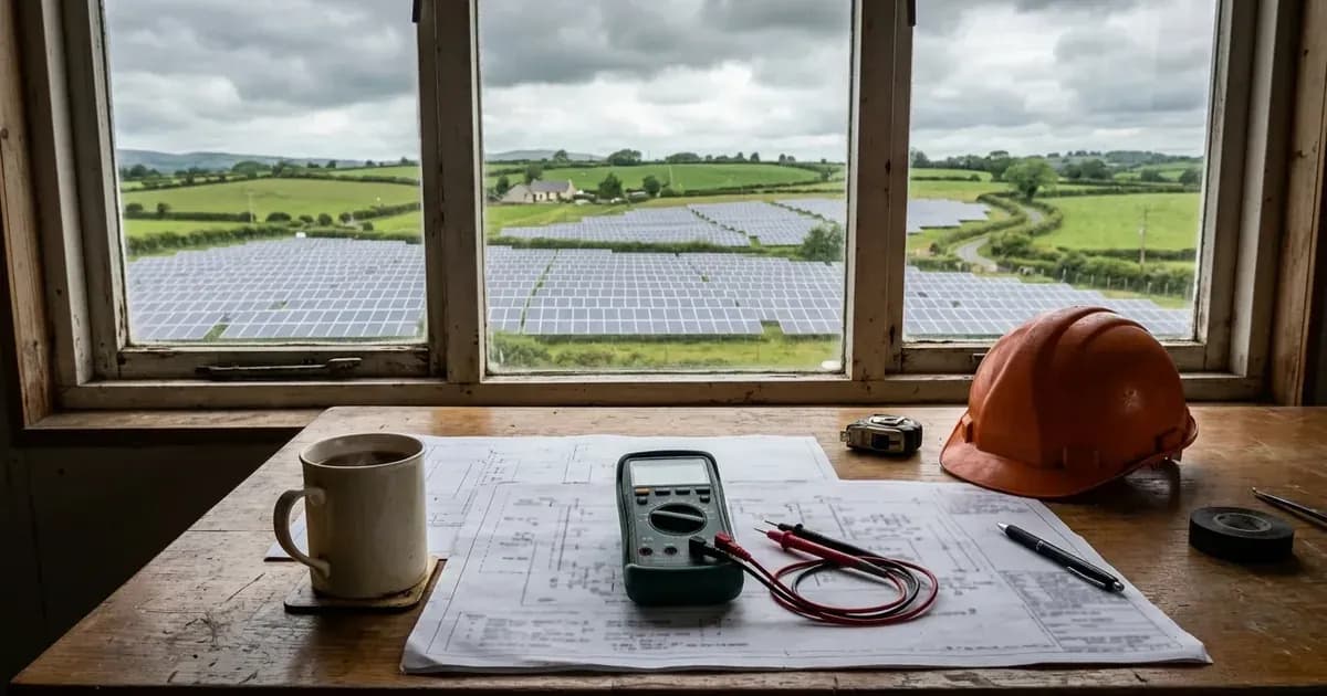 Engineering desk with technical schematics and multimeter overlooking an Irish solar farm. — SolarNevs spec card