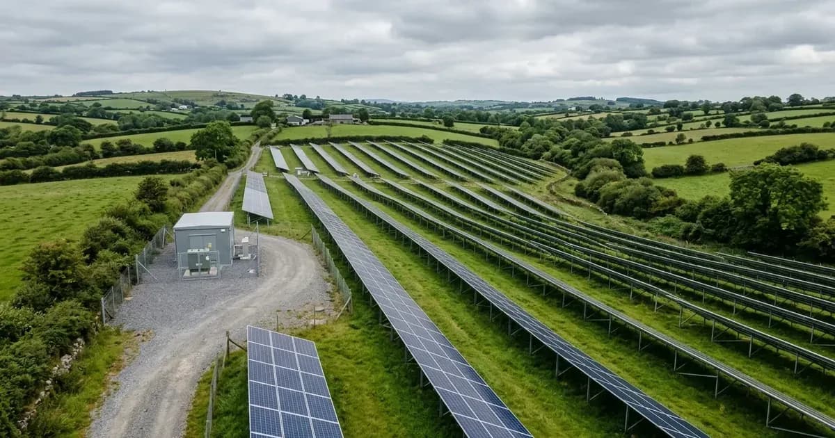 Ground-mounted commercial solar array and substation in the Irish countryside. — SolarNevs spec card