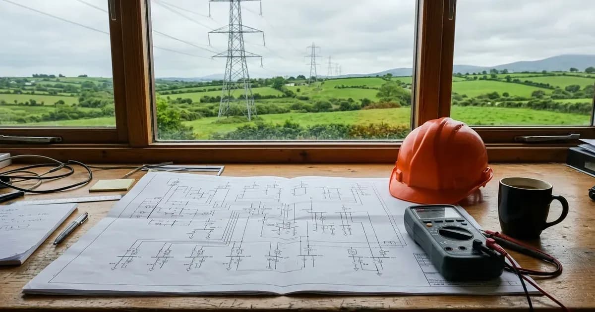 Grid planning single-line schematics and hard hat on an engineering table. — SolarNevs spec card
