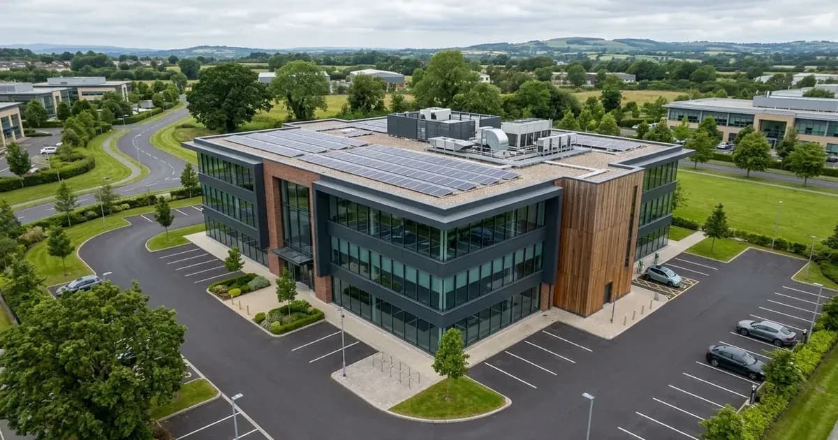 Commercial corporate building in Ireland with a rooftop solar panel installation. — SolarNevs spec card
