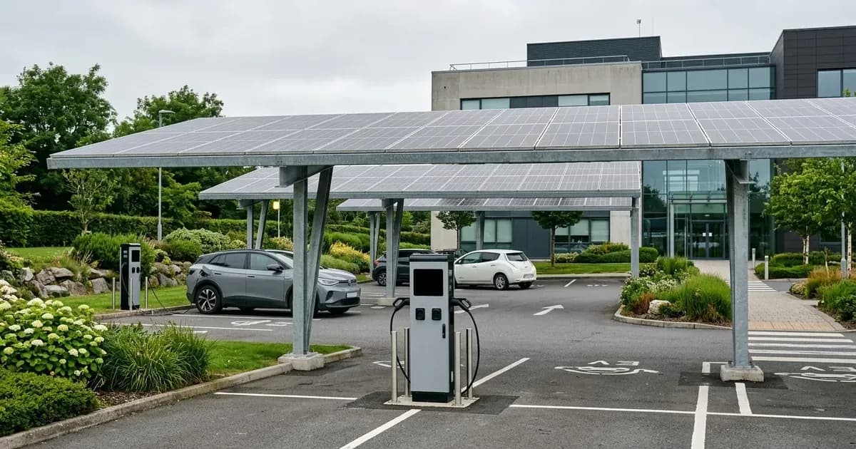 Solar canopy parking structure with commercial EV charging stations in Ireland. — SolarNevs spec card