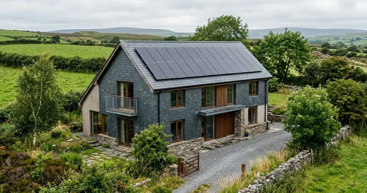 Modern residential home in Ireland with rooftop solar panels on slate tiles under overcast skies. — SolarNevs spec card