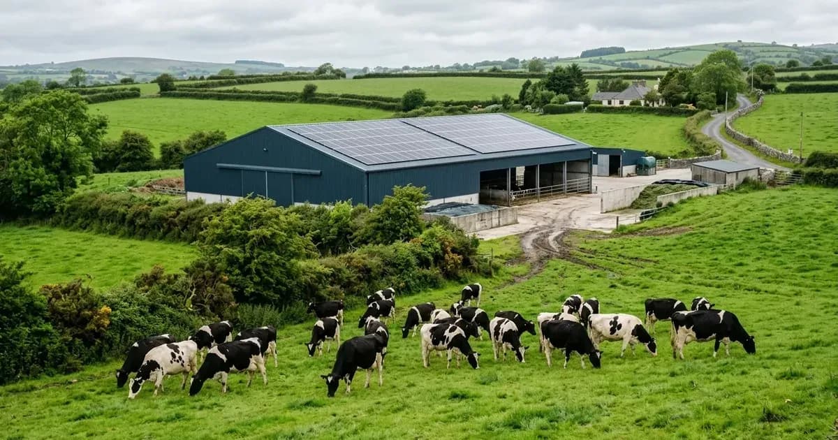 Irish dairy farm with solar panels mounted on an agricultural barn roof and cows grazing in green pasture. — SolarNevs spec card