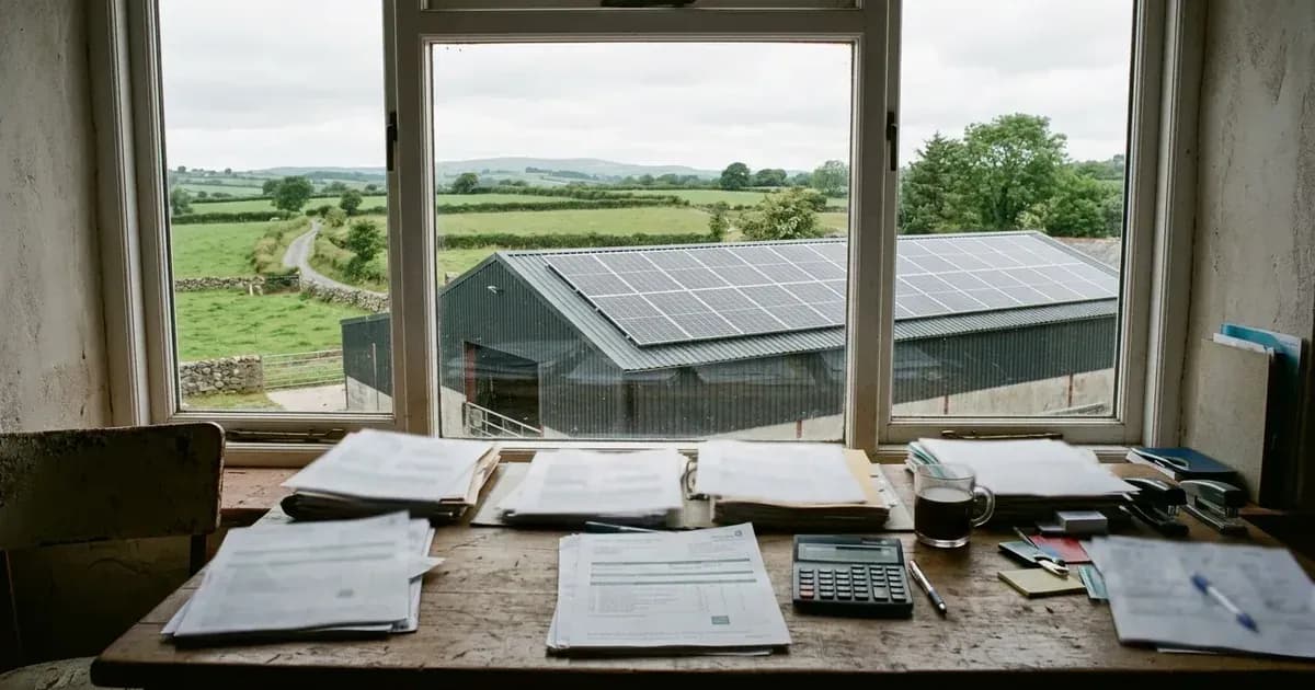 Farm desk with VAT paperwork and a window looking out at an Irish barn with rooftop solar panels. — SolarNevs spec card