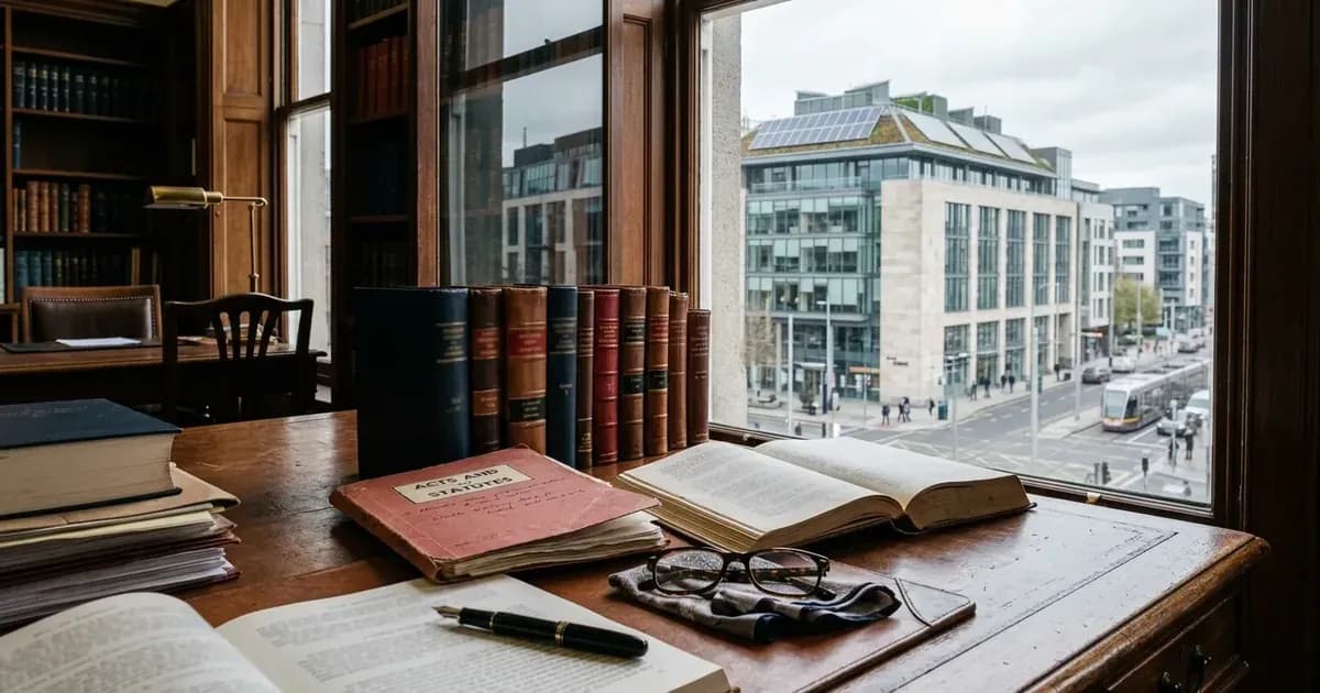 Irish legal library desk with law volumes overlooking a Dublin street with rooftop solar panels. — SolarNevs spec card