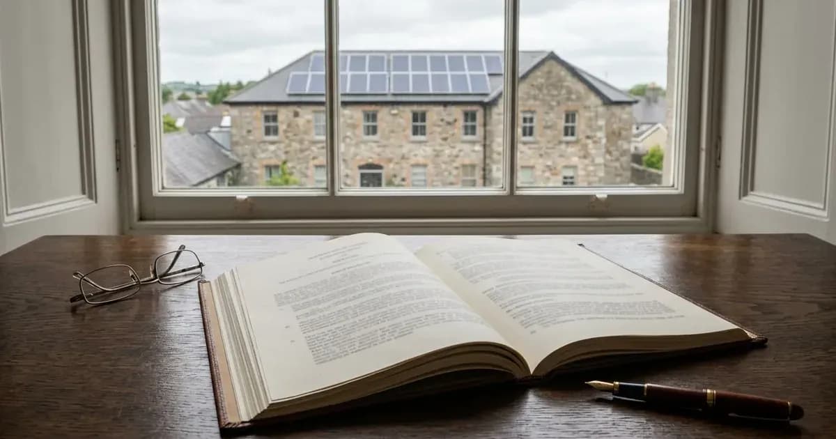 Open statutory book with glasses and pen on a wooden desk overlooking stone buildings with solar panels. — SolarNevs spec card