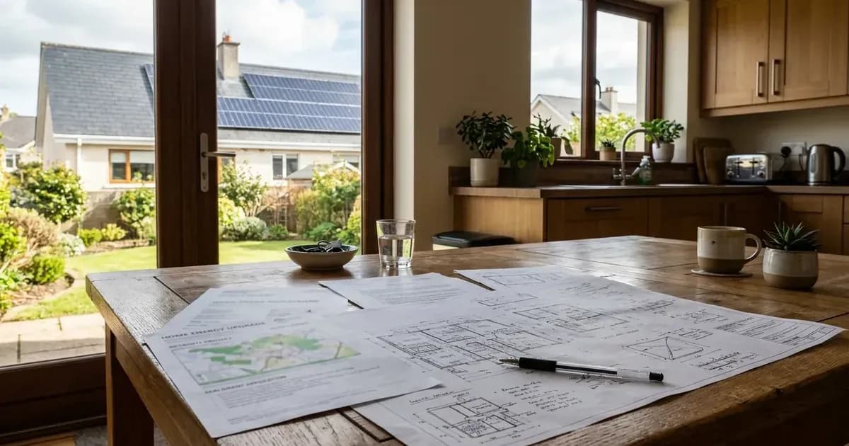 Home energy upgrade plans on a kitchen table with rooftop solar panels visible outside in the garden. — SolarNevs spec card