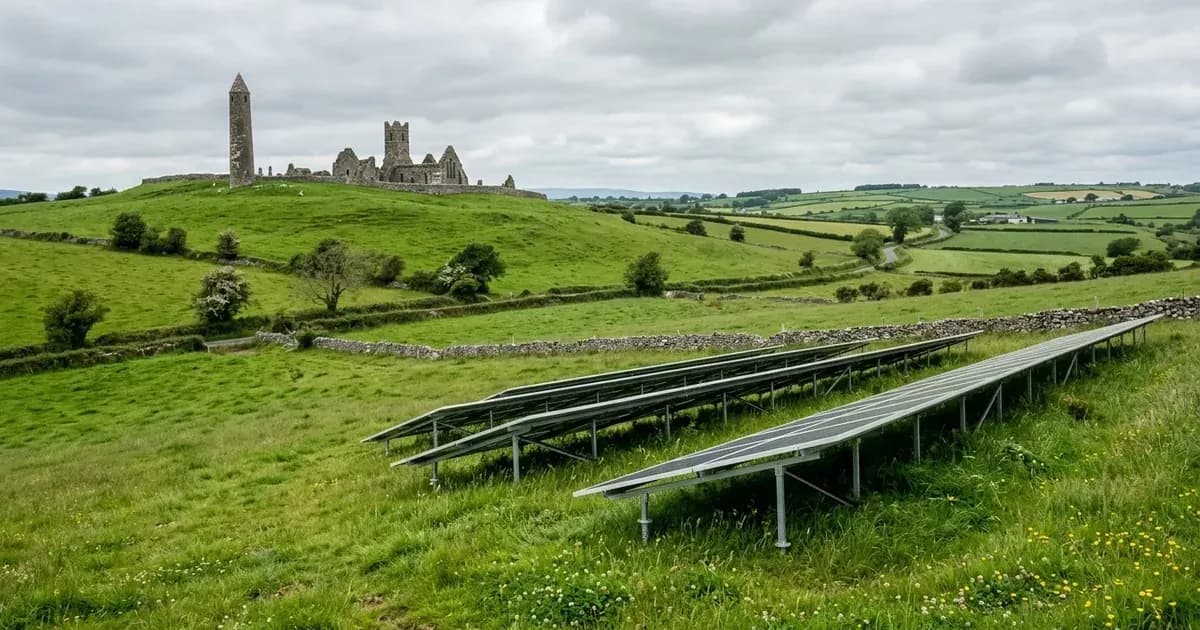 Ground-mounted solar panels in an Irish pasture with a historic stone round tower ruin on a distant hill. — SolarNevs spec card