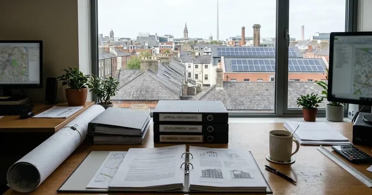 Planning appeal binders and blueprints on a Dublin desk overlooking city rooftops with solar panels. — SolarNevs spec card