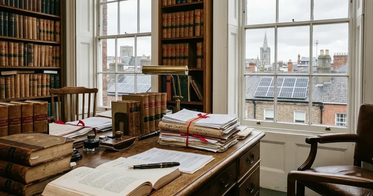 Irish barrister chambers with legal briefs tied in red ribbon and views of solar panels on Dublin roofs. — SolarNevs spec card