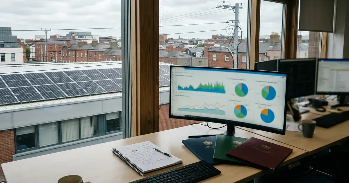 Renewable energy trading workstation with generation charts overlooking Dublin rooftop solar arrays. — SolarNevs spec card
