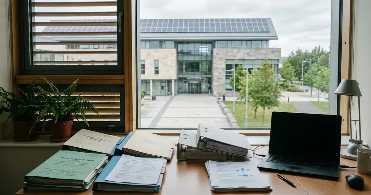 Energy advisory office desk with permit files looking out onto a civic building with rooftop solar. — SolarNevs spec card