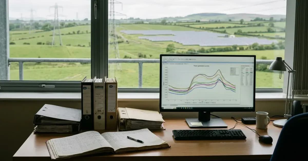 Grid operator desk with generation curve monitor overlooking an Irish solar farm and transmission pylons. — SolarNevs spec card