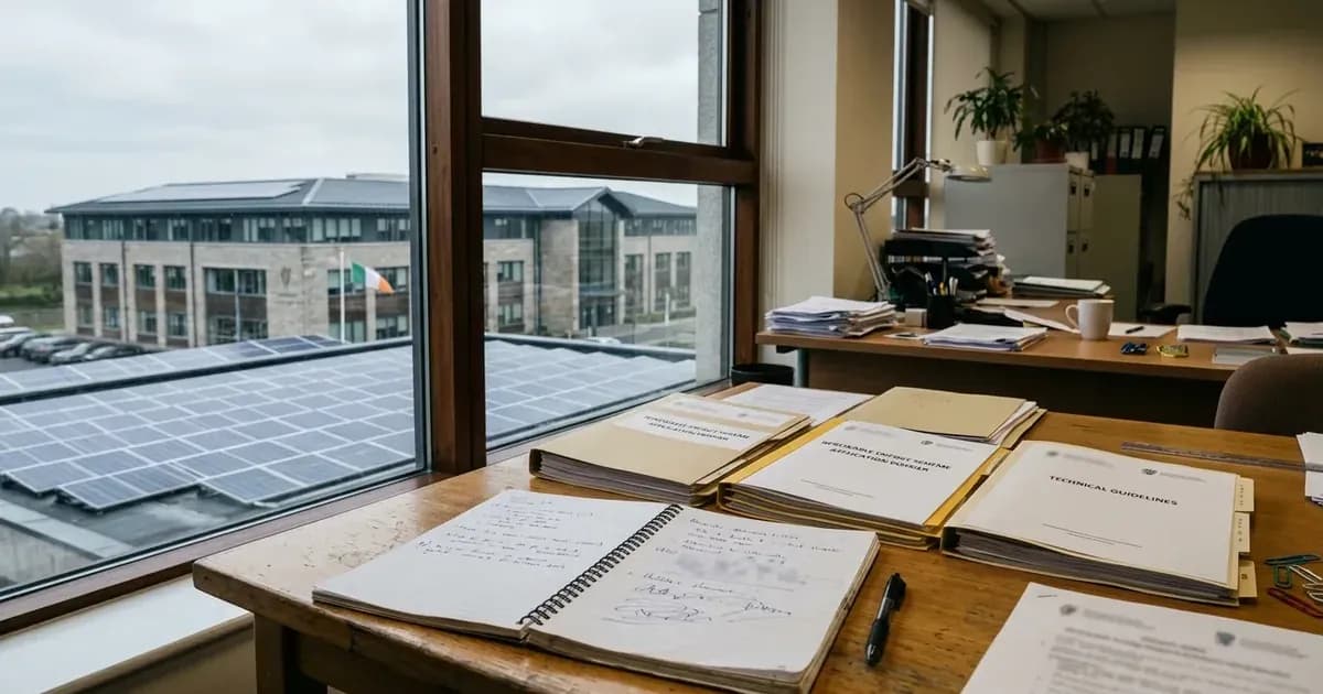 Renewable support scheme files on an office desk overlooking institutional buildings with solar panels. — SolarNevs spec card