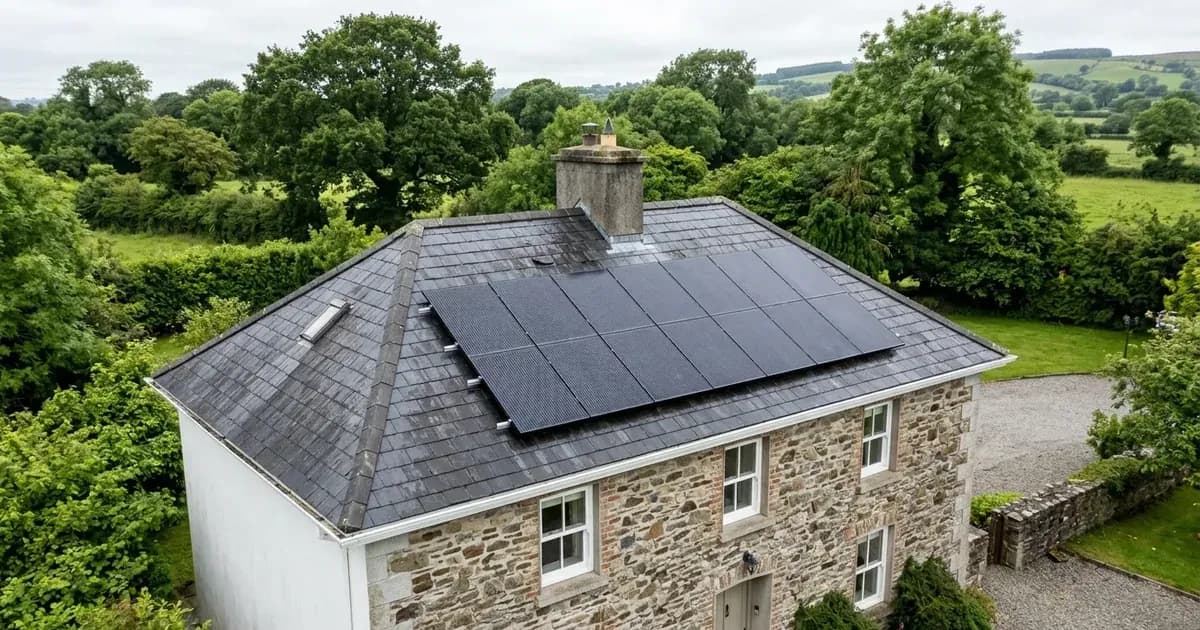 Rooftop solar panel array installed on an Irish slate house with clear margins from the roof edge. — SolarNevs spec card