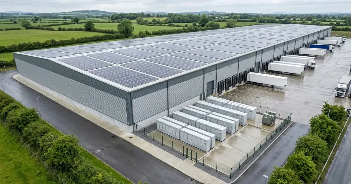 Commercial logistics warehouse in Ireland with rooftop solar panels and co-located battery storage systems. — SolarNevs spec card