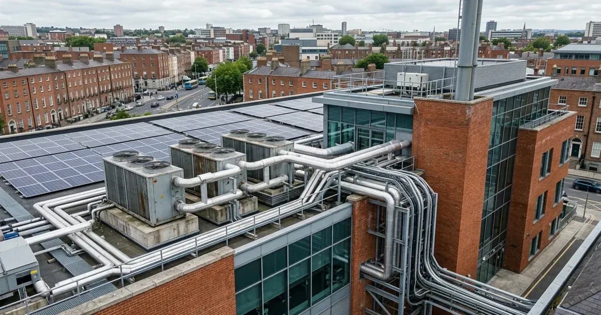 Urban district energy center rooftop in Dublin with commercial heat pumps, piping, and solar PV panels. — SolarNevs spec card