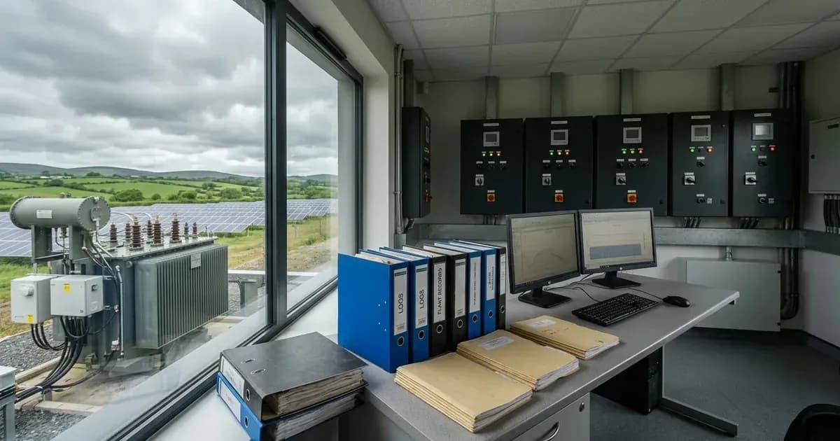 Solar farm substation control room with logbooks and transformer yard overlooking Irish hills. — SolarNevs spec card