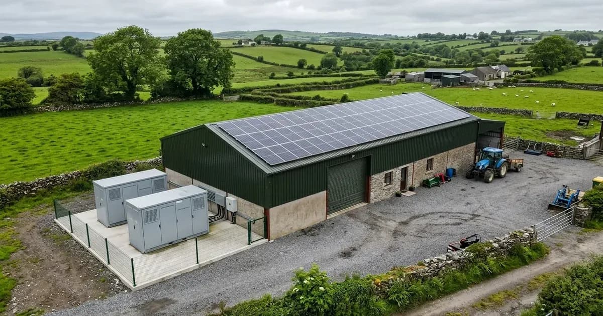 Irish agricultural shed with rooftop solar PV array and outdoor battery storage enclosure on concrete pad. — SolarNevs spec card
