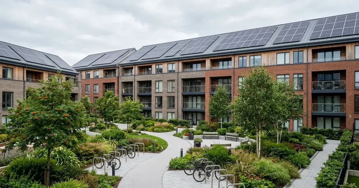 Modern apartment complex in Ireland with rooftop solar PV panels and landscaped residential courtyard. — SolarNevs spec card