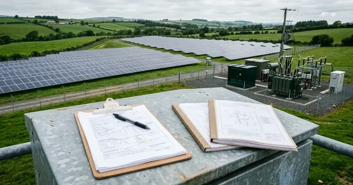 Commissioning clipboard on a field enclosure overlooking an Irish solar farm and substation. — SolarNevs spec card
