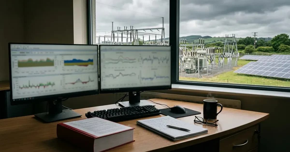 Balancing market control desk with grid frequency charts overlooking an Irish substation and solar farm. — SolarNevs spec card