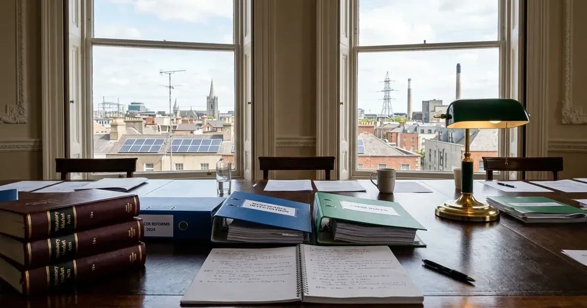 Irish energy policy conference table overlooking Dublin city skyline with rooftop solar panels. — SolarNevs spec card