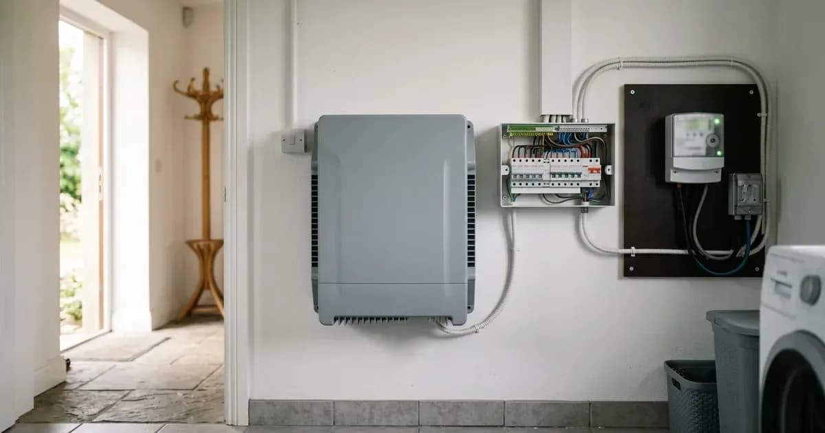 Home battery storage unit, distribution panel, and smart electricity meter on an Irish utility room wall. — SolarNevs spec card