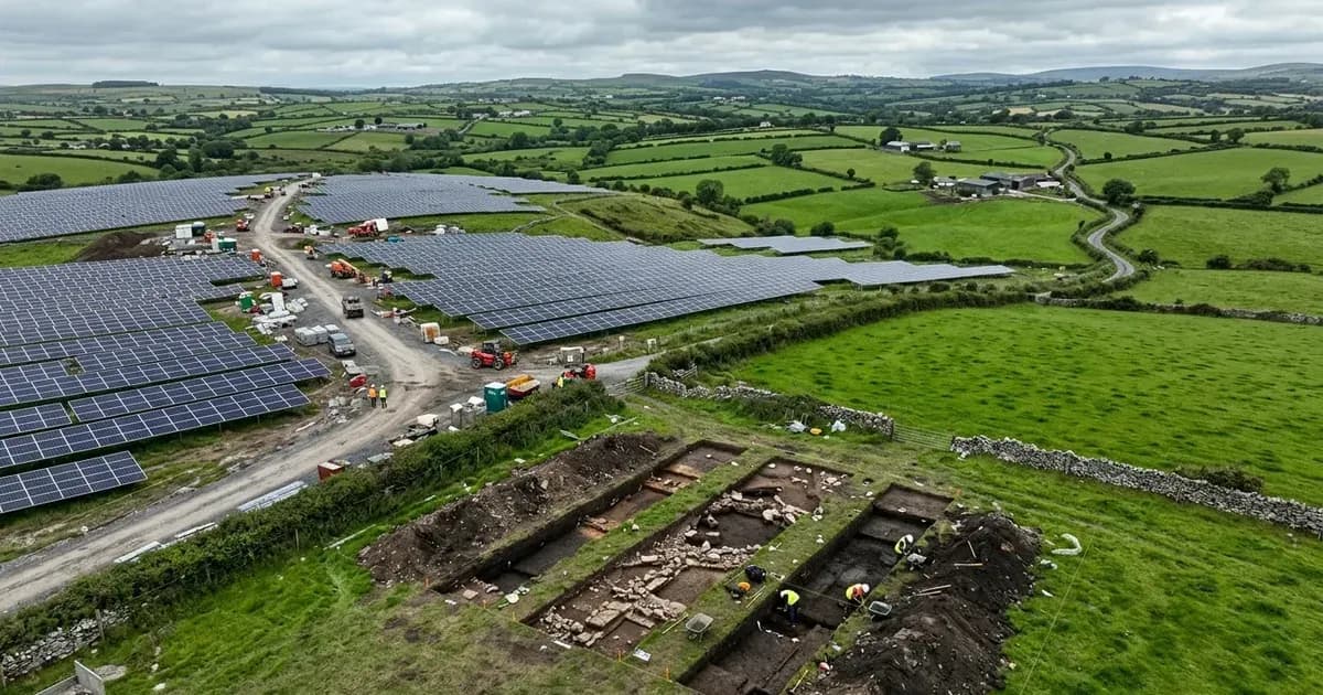 Archaeological survey trenches beside a ground-mounted solar farm under construction in rural Ireland. — SolarNevs spec card