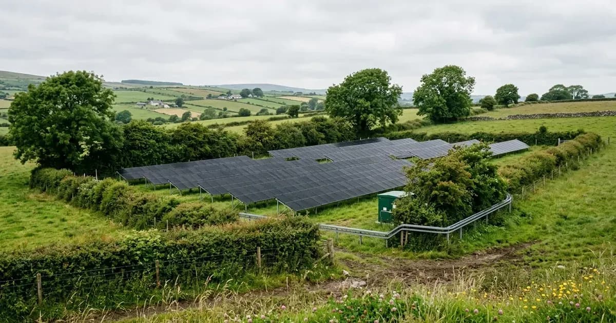 Ground-mounted solar photovoltaic array enclosed by hedgerows in rural Irish farmland under an overcast sky. — SolarNevs spec card