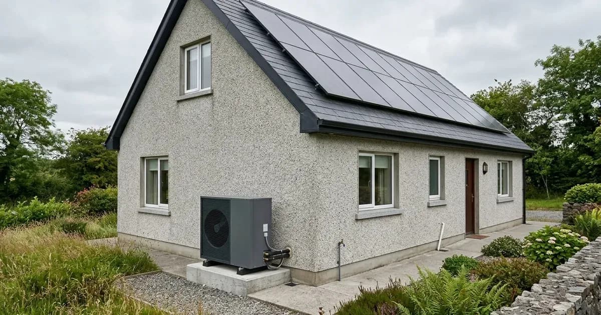 Air-to-water heat pump outdoor unit beside an Irish home with rooftop solar panels. — SolarNevs spec card