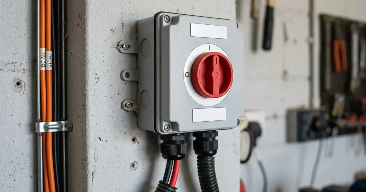Weatherproof rotary DC isolator switch with red handle installed beside solar PV conduit cabling. — SolarNevs spec card