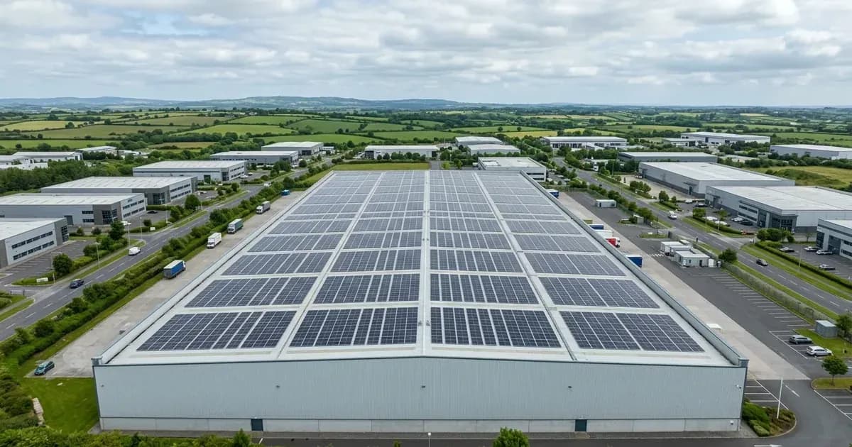 Large commercial rooftop solar panel array installed on a warehouse building in Ireland. — SolarNevs spec card