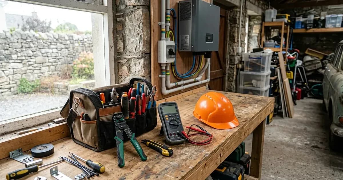 Electrician tools, multimeter, and safety gear on a workbench near a solar inverter in Ireland. — SolarNevs spec card