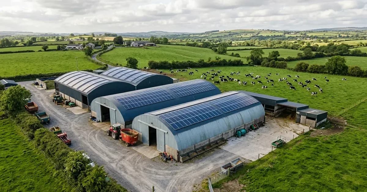 Rooftop solar panels installed on curved agricultural sheds on an Irish dairy farm. — SolarNevs spec card
