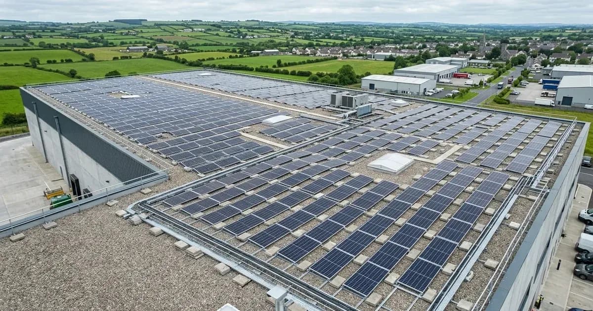 Commercial flat-roof solar PV system with ballast mounting on an industrial building in Ireland. — SolarNevs spec card