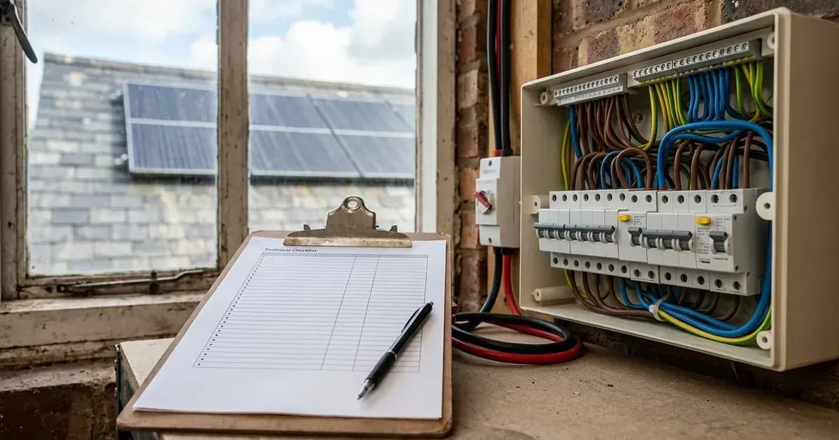 Inspection checklist clipboard beside an electrical distribution board and a window showing rooftop solar panels. — SolarNevs spec card