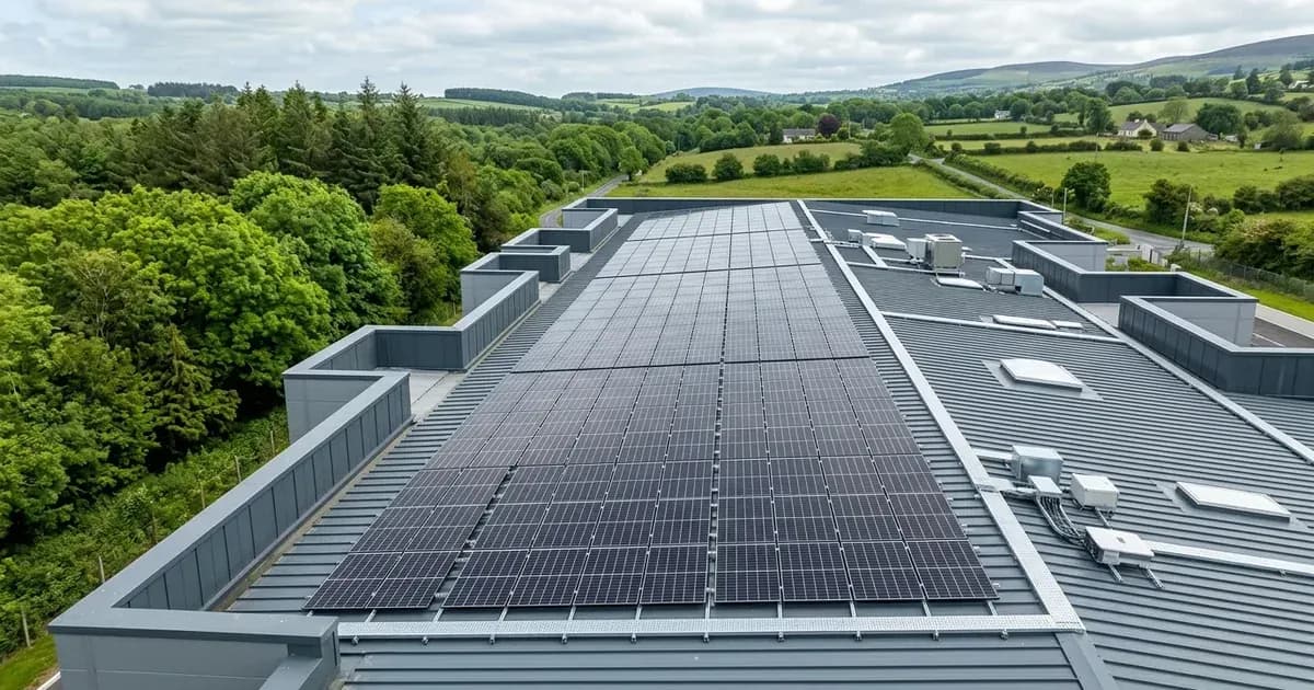Non-domestic rooftop solar panel array installed on a commercial facility in Ireland. — SolarNevs spec card