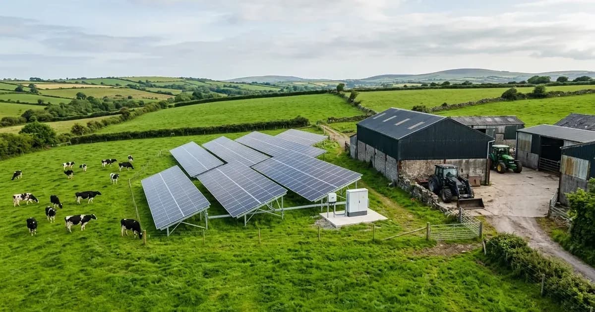 Ground-mounted solar panel array installed on an Irish pasture beside farm barns with cows grazing nearby. — SolarNevs spec card