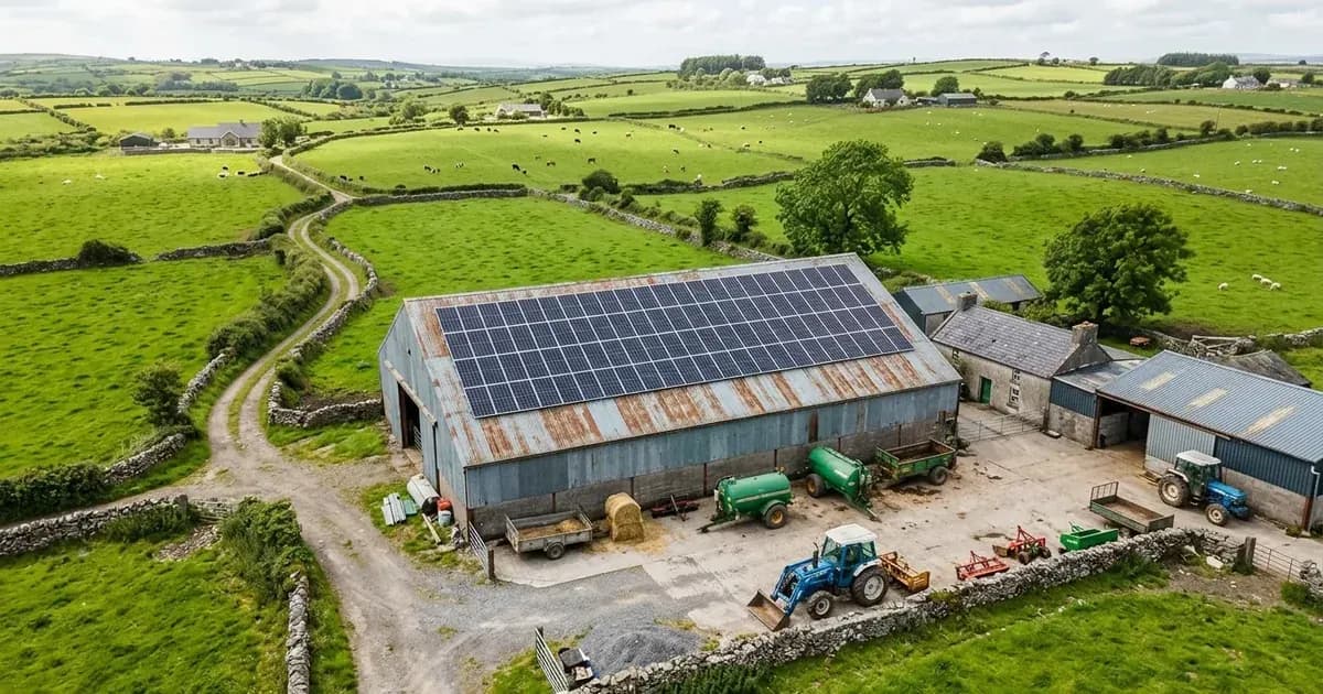 Aerial view of a solar panel array mounted on a metal barn roof surrounded by Irish farmland and stone walls. — SolarNevs spec card
