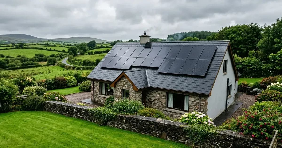 All-black solar panels fitted on the slate roof of an Irish stone cottage overlooking green countryside. — SolarNevs spec card