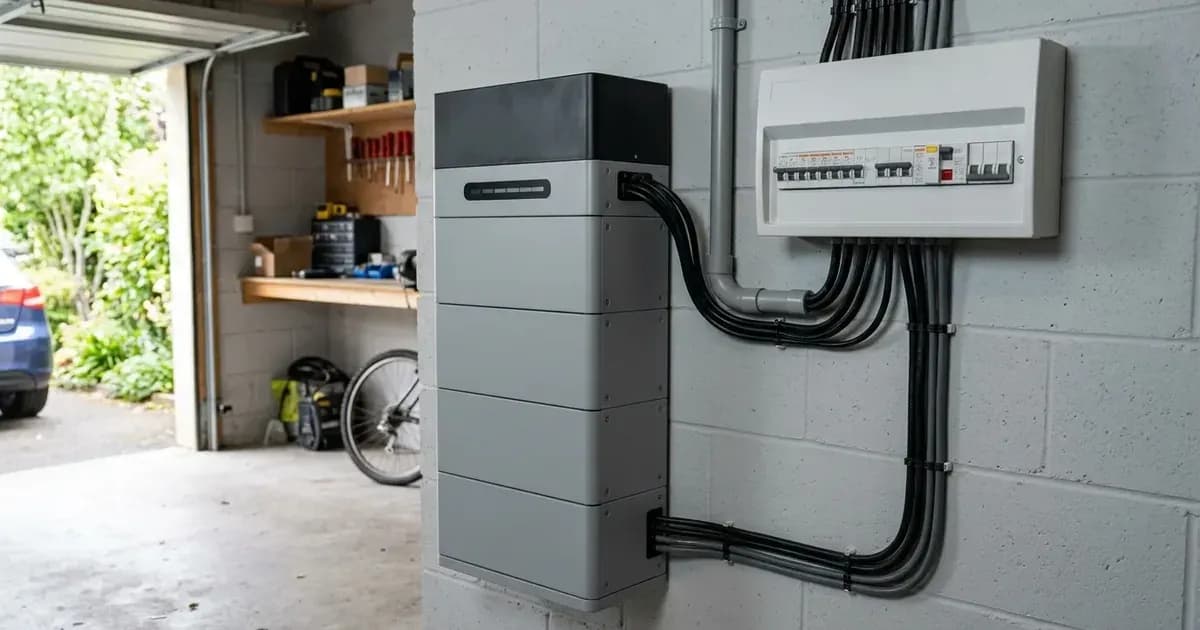 Modular residential battery storage system connected to an electrical consumer unit on a garage wall. — SolarNevs spec card