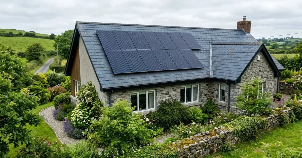Monocrystalline solar panels mounted on the slate roof of an Irish stone cottage garden. — SolarNevs spec card