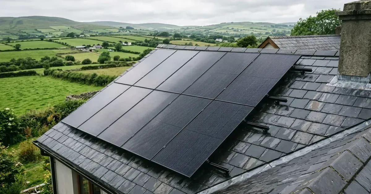 Black glass-glass solar panels mounted on a wet slate roof overlooking lush Irish farmland. — SolarNevs spec card