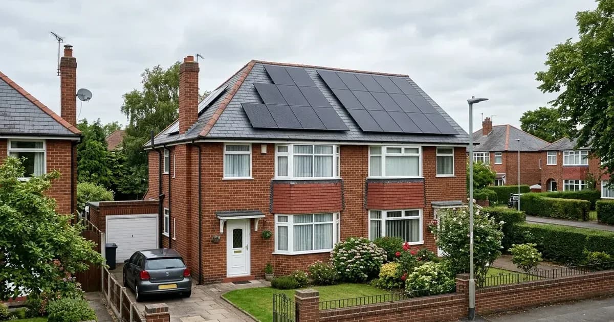 Solar panels installed on the pitched tile roof of a British home under soft daylight as an energy grant upgrade. — SolarNevs spec card