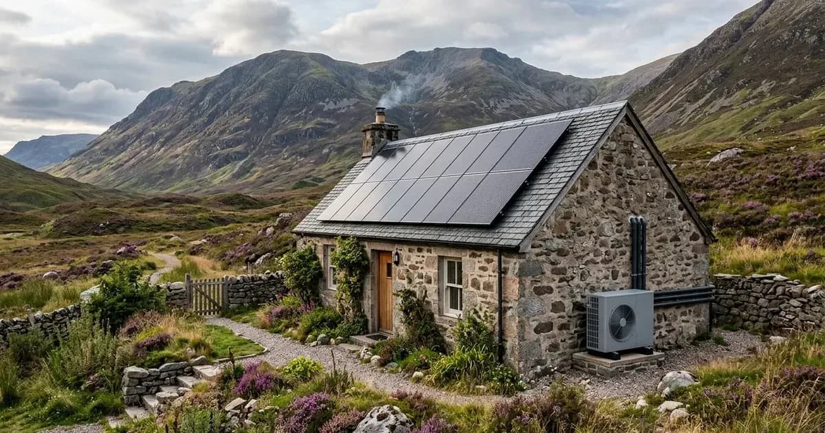 Traditional Scottish stone cottage with rooftop solar panels and outdoor heat pump in a Highland setting. — SolarNevs spec card