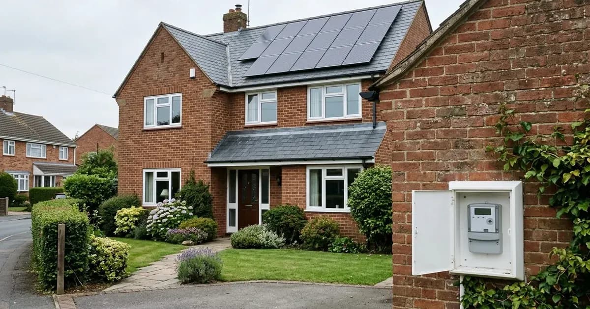 British home with rooftop solar panels and an outdoor utility meter cabinet on an exterior brick wall. — SolarNevs spec card