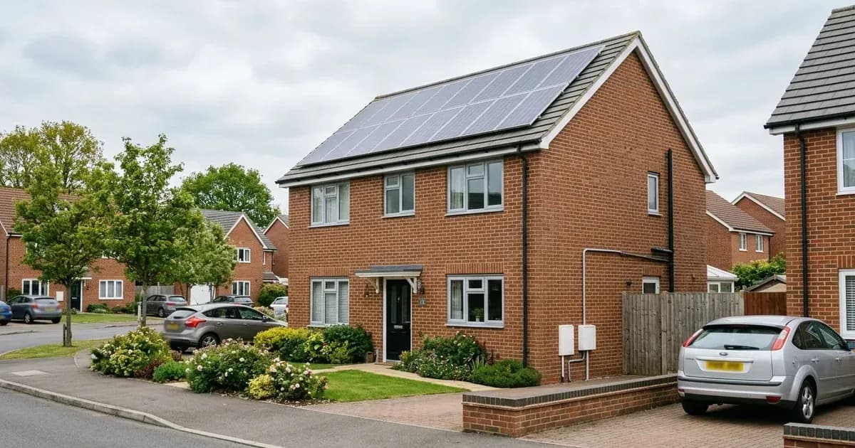 Modern British house with rooftop solar panels and an exterior smart meter cabinet on the wall. — SolarNevs spec card