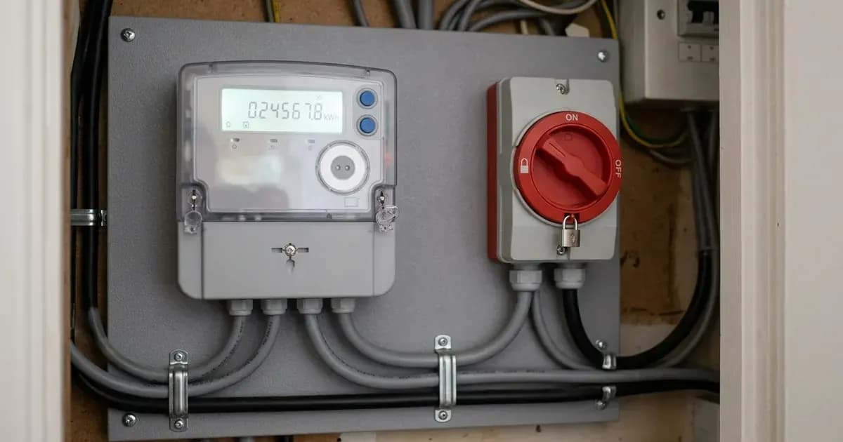 Digital export meter and electrical isolator switches installed on a utility board for solar export in the UK. — SolarNevs spec card