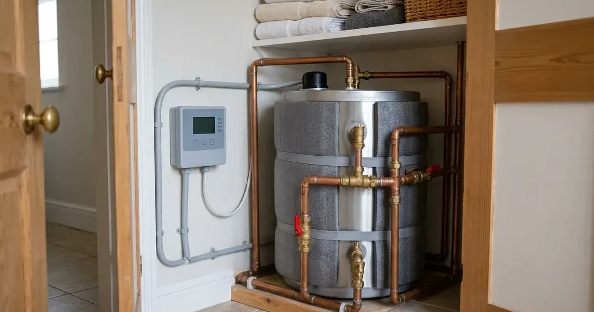 Insulated domestic hot water cylinder connected to a wall-mounted solar power immersion diverter in a UK home. — SolarNevs spec card